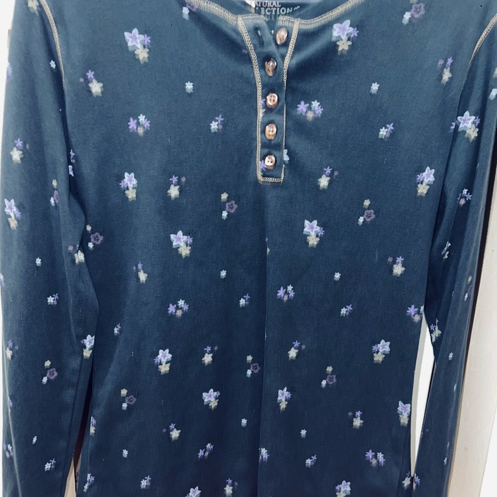 Natural Reflections Navy Long Sleeve Henley with Lavender Floral Print